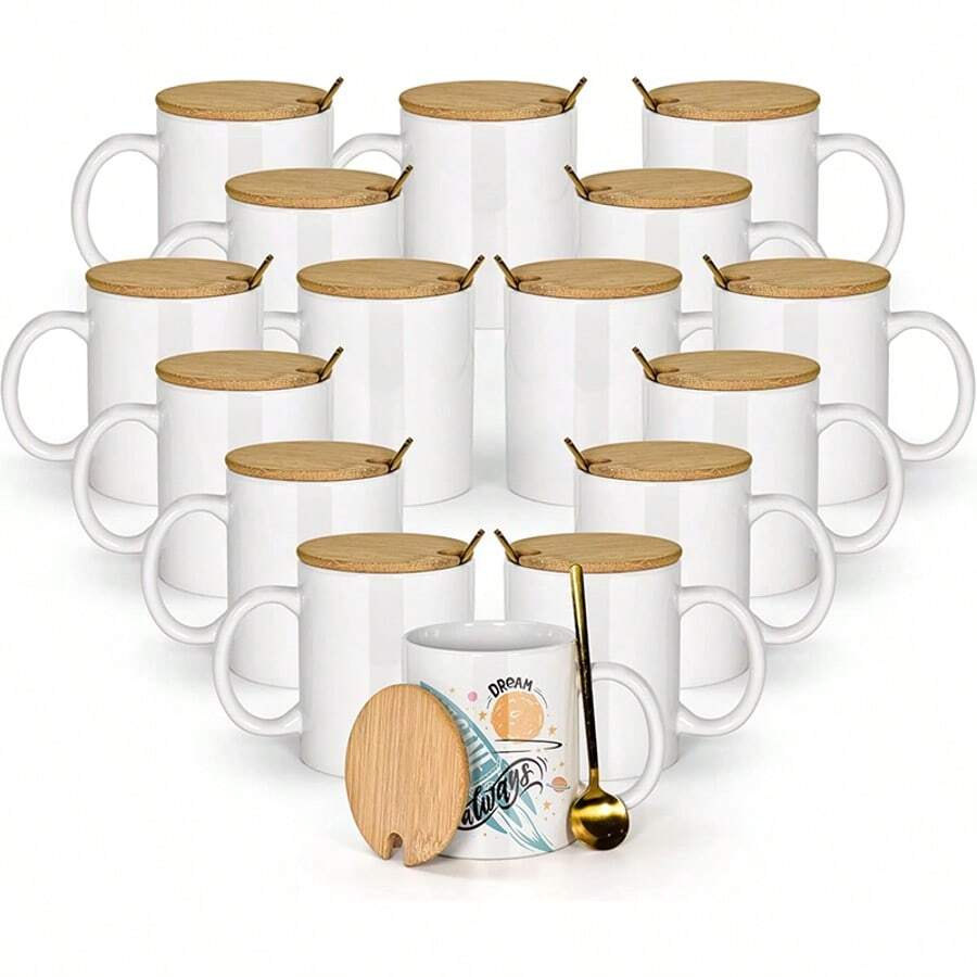 16 PACK 11OZ Sublimation Ceramic Coffee Mug White Blank Drinking Cups With Bamboo Lid, Stainless Steel Spoon - 白色 - 查看 1
