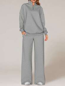 Womens Casual 2 Piece Sets Fall Outfits Quarter Zip Sweatshirts Straight Leg Pants Sweatsuits Tracksuit Valentine Vacation Spring Clothes For Women - 灰色 - 查看 4