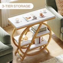 LITTLE TREE Industrial Side Table, 4-Tiered Faux Marble End Table With Storage, Narrow Wooden Sofa Coffee Table With Geometric Metal Frame, Modern Nightstand And Console Table For Living Room, Home Office, And Bedroom, Gold And White - 金色和白色 - 查看 5