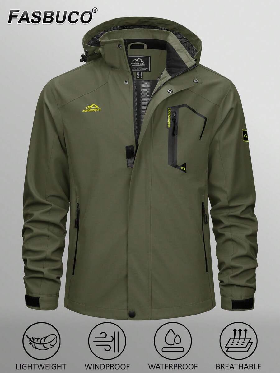 Men's Hooded Raincoat Waterproof Outdoor Hiking Jacket Casual Work Coat Outerwear - 軍綠色 - 查看 1