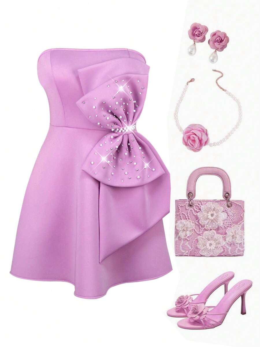 Vestido midi de línea A sin tirantes para mujer, con perlas, lazo y diseño de cóctel para fiesta y baile