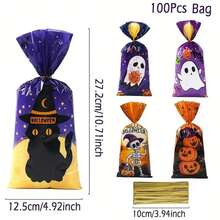 50pcs Halloween Candy Bags With Black Cat, Ghost, Skull And Pumpkin Patterns, Party Favor Bags With Gold Twist Ties, Halloween Treats, Happy Halloween Gift Bags, Halloween Party Supplies, Halloween Home Decor - Multicolor - View 3