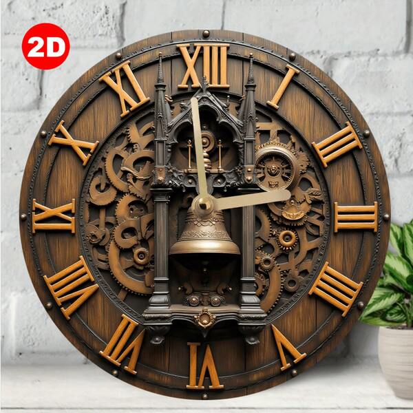 Wooden Steampunk Wall Clock - Roman Numerals, Gears And Bells, Automatic Movement (Powered By AA Battery) (Battery Not Included) - Living Room And Kitchen Decoration, Unique Gift Idea, 2D Graphic Design