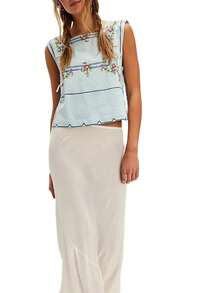 Women Flower Embroidery Tank Top Vest Sleeveless Crewneck Side Slit Going Out Top Shirts Streetwear - 藍色 - 查看 2