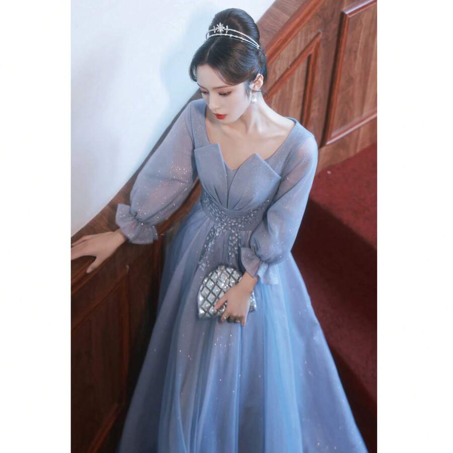 Raincoat - Blue Long-sleeved Midi Style - View 1