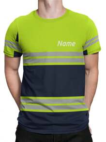 Customized Men's Work T-Shirt, Personalized Front & Back Text, Neon Green & Orange, Heavy All-Over Print Design, Regular Crew Neck Top, Suitable For Workplace, Events And Casual Wear