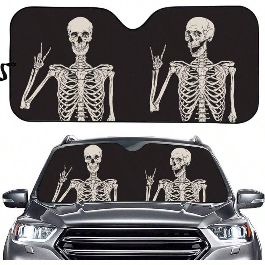 DFunny Skull Car Windshield Sunshade Gothic Hippie Skeleton Sun Visor Protector Front Window Shade Keeps Out UV Rays Keeps Your Vehicle Cool Black7001 - 搞笑頭骨-02 - 查看 1