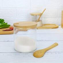 1/2/3 Packs Glass Seasoning Box, Condiment Jar With Wooden Base, Spice Jar, Glass Condiment Container With Spoon, Condiment Jar With Spoon – For Spice, Salt & Sugar Storage,Kitchen Organizer And Grain Storage Container - Clear - View 5
