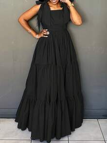 Plus Size Women's Solid Color Tie Shoulder Dress Elegant Prom Party Sleeveless Layered Hem Floor Length Maxi Dress - 黑色 - 查看 3