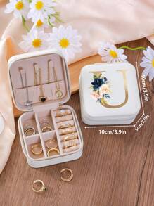 1pc Floral Rose Initial Jewelry Box, A-Z PU Leather White Portable Travel Jewelry Box, Black Jewelry Storage Box, Pink Mini Portable Zipper Jewelry Box, Necklace, Ring Pendant, Bracelet, Earring Storage Box, Jewelry Packaging Box, Suitable For Mother's Gift, Wedding Gift, Bridesmaid Gift, Anniversary Gift, Christmas Gift And Girlfriend's Boutique Gift. - Multicolor - View 87