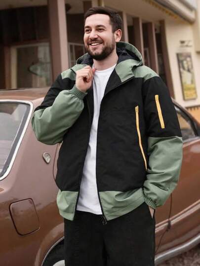 男士加大码连帽拉链长袖外套，撞色设计，适合户外、徒步、休闲穿着，四季皆宜，秋季必备。