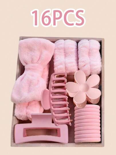 16pcs Set Soft Facial Headband, Elastic Wristbands, Messy Hair Clips, Matte Large Hair Clips, High Elasticity Hair Ties