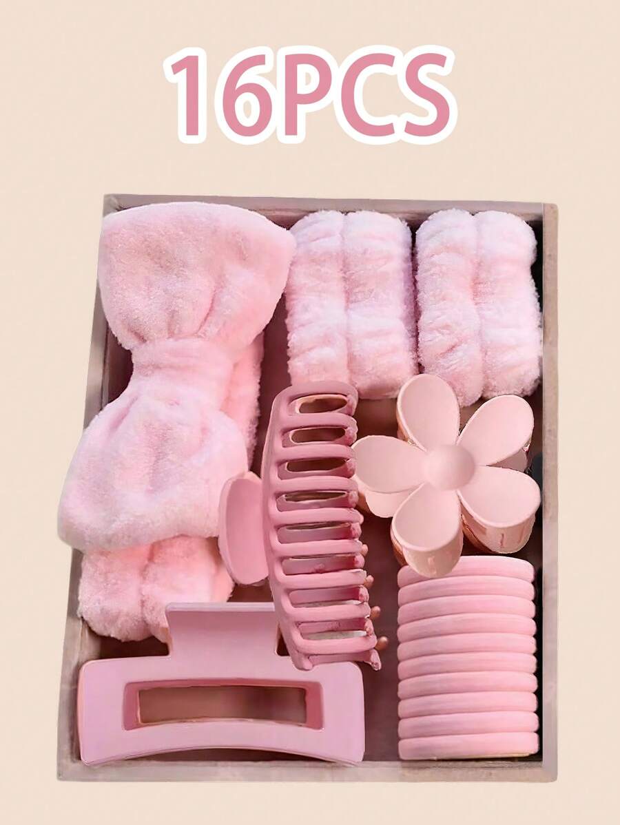 16pcs Set Soft Facial Headband, Elastic Wristbands, Messy Hair Clips, Matte Large Hair Clips, High Elasticity Hair Ties,Skincare Headband,Beauty,Skin Care Products,Spa,Self Care,Skin Care Tools,Face Care,Esthetician Supplies,Skin,Face Wash,Facial