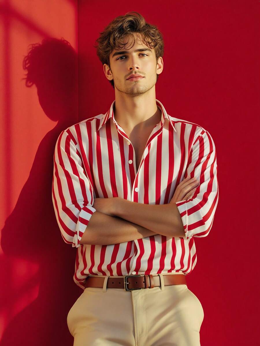 男士休闲单排扣条纹衬衫，圣诞节，长袖上衣