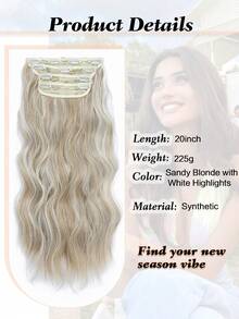 Extensiones de cabello de 20 pulgadas con clip, 4 piezas de extensiones de cabello ondulado, rubio arenoso con extensiones de cabello con reflejos blancos para mujeres