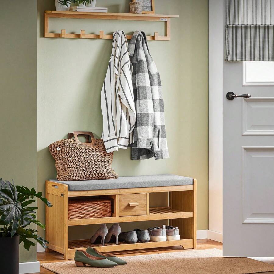 SoBuy FSR75-N, Bamboo 2 Tiers Shoe Rack Shoe Bench With Seat Cushion, Hallway Shoe Storage Bench Organizer With Drawer