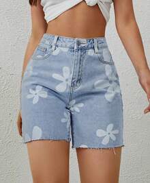 Kissmelady 8414 Button Pocket Raw Hem Zipper Floral Short Jeans 8414 - Rửa trung bình - Xem 1