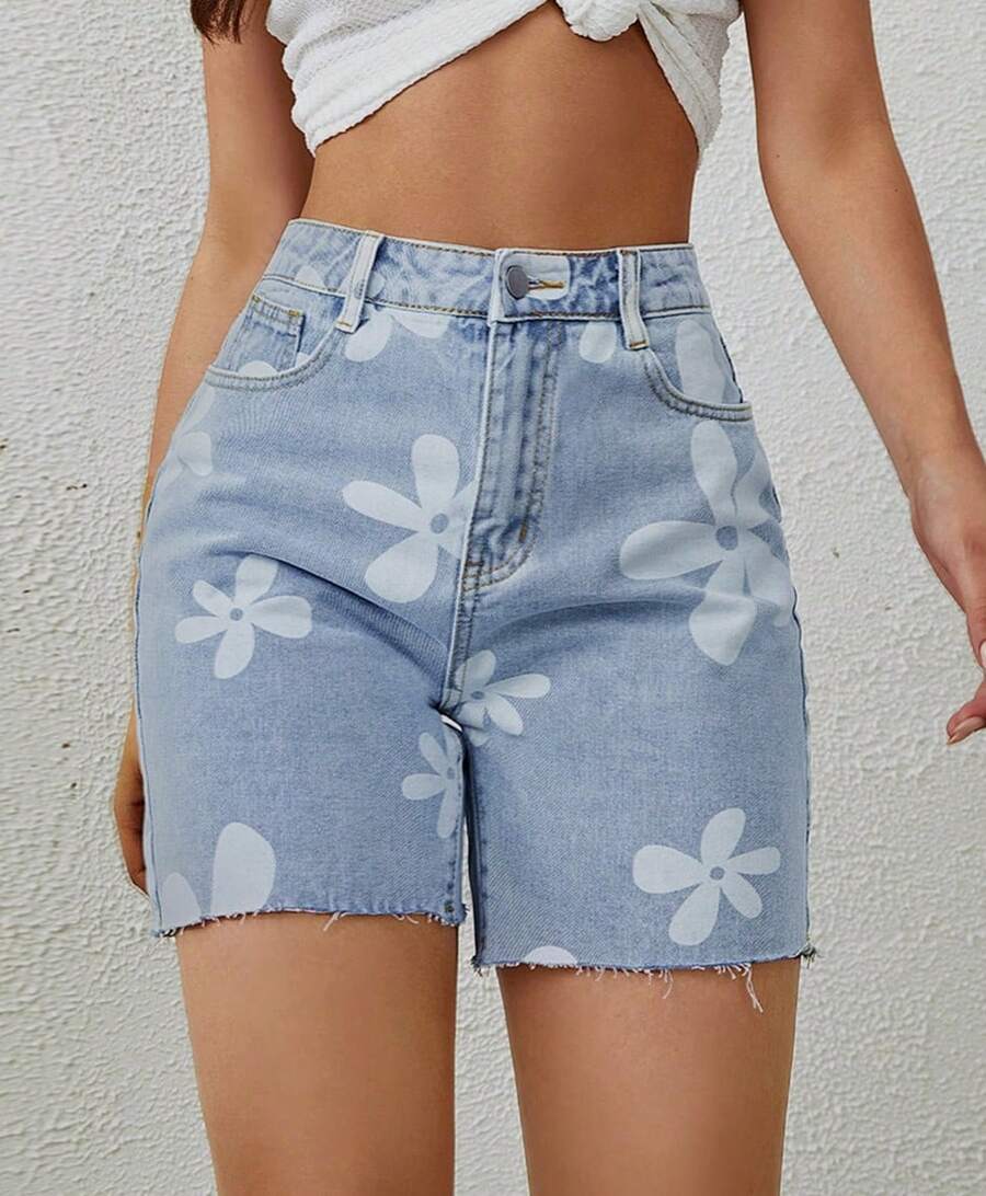 Kissmelady 8414 Button Pocket Raw Hem Zipper Floral Short Jeans 8414 - Rửa trung bình - Xem 1