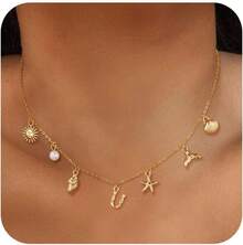 CAROVO Gold Initial Charm Necklace Women Letter A-Z Necklace 14K Gold Plated Charm Pendant Necklace Boho Summer Seashell Beach Starfish Surfer Jewelry - u - 查看 1