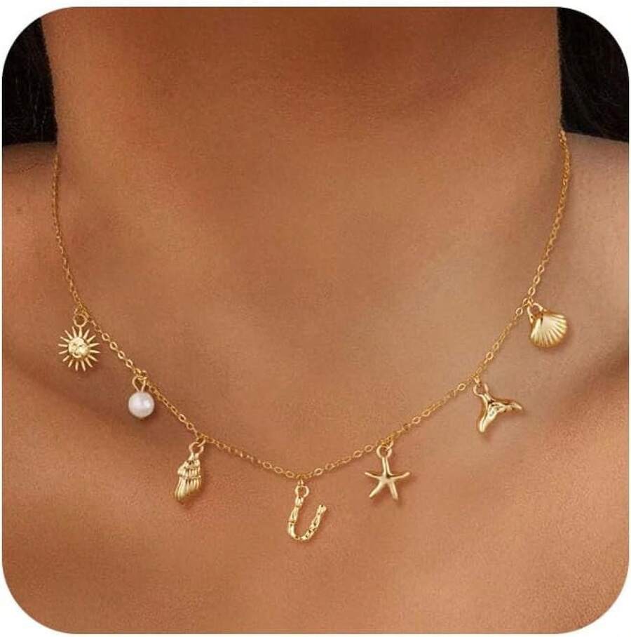 CAROVO Gold Initial Charm Necklace Women Letter A-Z Necklace 14K Gold Plated Charm Pendant Necklace Boho Summer Seashell Beach Starfish Surfer Jewelry - u - 查看 1