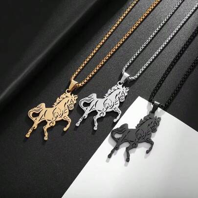 1pc High Quality Stainless Steel Glossy Zodiac Horse Pendant Necklace, Suitable For Men's Casual Daily Wear