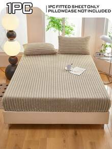 1 pieza Juego de sábana ajustada de franela con rayas gruesas, suave y cómoda, adecuada para dormitorio, dormitorio, hotel, aplicable para camas individuales, dobles, queen, king, otoño/invierno/primavera - Camel - Ver 4