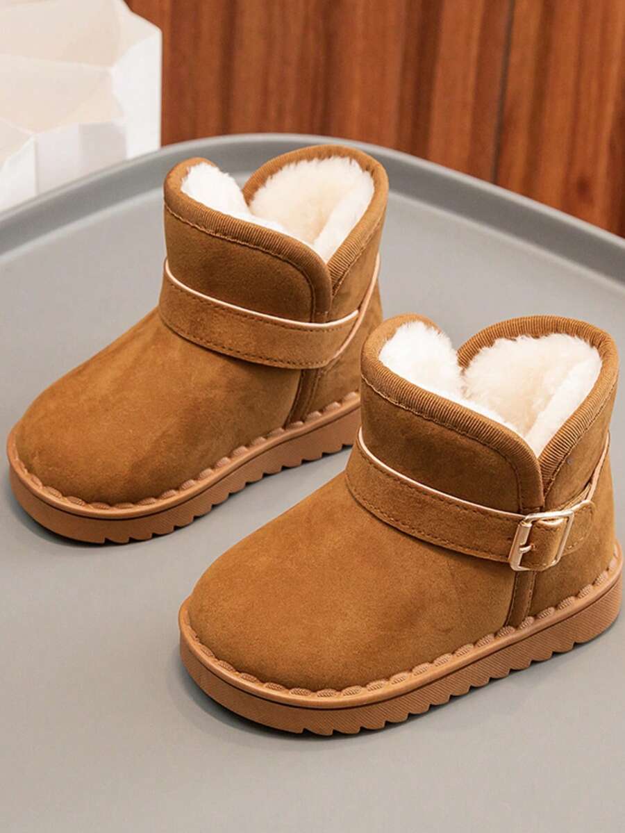 1 Paar neue einfarbige Winterstiefel für Kinder, Mädchenschuhe, einfache flache rutschfeste warme Schneestiefel mit flauschiger Fütterung, gemütlich und modisch für den täglichen Gebrauch und Outdoor-Aktivitäten (Sohle ist zufällig, fällt klein aus, empfiehlt eine Nummer größer zu bestellen) - Braun - Übersicht 1