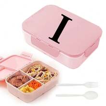 Caja de almuerzo de plástico con 3 compartimentos y patrón de 26 letras, de gran capacidad, apta para microondas, contenedor de almacenamiento de alimentos, caja bento portátil con cuchara y tenedor, adecuada para picnic, oficina, aperitivos - Rosa - Ver 8
