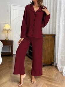 Nina Bonheur 两件套女士宽松前开襟长袖衬衫搭配松紧腰直筒裤睡衣套装，舒适保暖，秋冬服装 - 酒紅色 - 查看 4