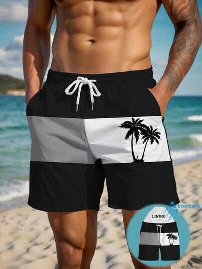 Men's Summer Printed Pattern Drawstring Waist Slant Pocket Hawaiian Quick-Dry Double-Layer Mesh Lined Shorts, Contrast Coconut Tree 3D Graphic, Fashionable Casual Beachwear Swim Trunks