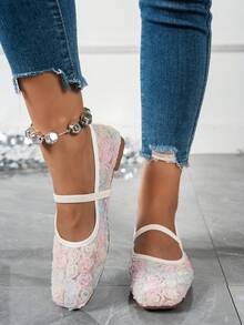 2025年秋季大码女式方头蕾丝拼接玫瑰户外休闲派对透气镂空平底乐福鞋，百搭，芭蕾平底鞋，玛丽珍鞋 - 漸層彩色 - 查看 3