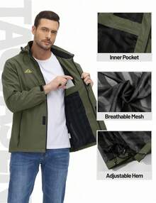 Men's Hooded Raincoat Waterproof Outdoor Hiking Jacket Casual Work Coat Outerwear - 軍綠色 - 查看 7