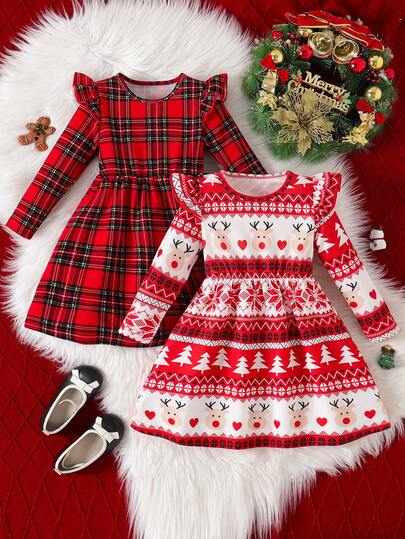 Young Girls' Christmas Autumn Outfit, Cartoon Cute Reindeer & Christmas Tree Plaid Print Ruffle Hem Long Sleeve Round Neck Patchwork Dress