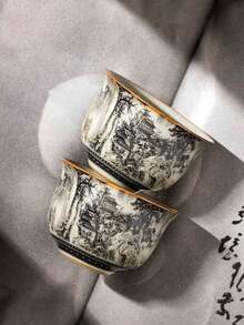 1pc/2pcs/6pcs水墨画陶瓷茶杯复古小容量意式咖啡杯品茶陶瓷杯功夫茶具茶杯普洱单杯随身杯大师杯小茶碗陶瓷杯适合茶友 - 彩色 - 查看 7