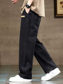 加大码男士抽绳松紧腰弹力牛仔裤，宽松直筒牛仔裤，休闲百搭舒适，四季皆宜 - 黑色 - 查看 5