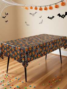 1pc Disposable Halloween Tablecloth, Bat Skull Haunted House Pumpkin Cobweb Bloody Handprint Pattern Print, Suitable For Halloween Decoration, Birthday Party Decor - Multicolor - View 4