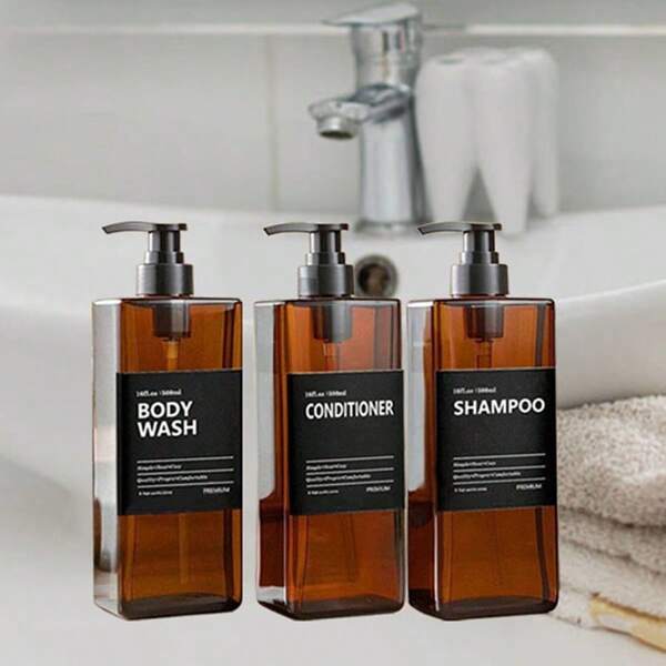 3 piezas de 500ml/16.9oz Botellas y etiquetas para champú, gel de baño y cosméticos, botellas de plástico rellenables con bomba, dispensador de jabón reutilizable, contenedores de ducha para gel de ducha, champú, acondicionador y loción