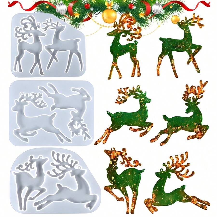 Multi Form Christmas Elk Silicone Mold DIY Aromatherapy Gypsum Cement Mold Christmas Elements Design Keychain Jewelry Hanging Resin Casting Mold Crystal Drip Glue Mold Plaster Crafts Mold Home Festival Christmas Tree Decoration