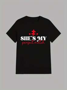 Valentine'S Day Matching Couple And Valentine'S Letter Print T-Shirt, Short Sleeve Crew Neck Casual Top For Summer & Spring, Women'S Clothing - 女款-黑色 - 查看 4