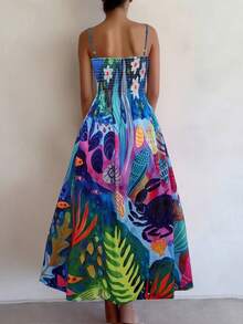 YI XUAN 大码女式波西米亚风海藻贝壳印花吊带复古宽松连衣裙，适合春、夏、秋季度假旅行，百搭实用