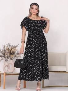 Women's Long Midi Dress With Puffer Sleeves And  Frills, Off-The-Shoulder, Tres Marias Floral - Black Flower - View 3