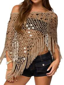 Women Tassels Knit Poncho Spark Sequined Off Shoulder Crochet Cape See-Through Beach Cover Up - 棕色 - 查看 5