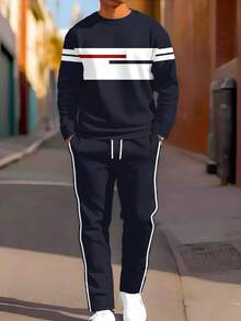 男士运动服两件套，时尚撞色休闲卫衣和运动裤套装，适合户外运动。 - 藏蓝色 - 查看 1