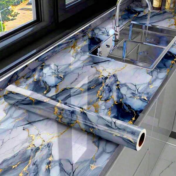 1 Roll Self-Adhesive Waterproof Wallpaper, Shiny Gold & Blue Marble Pattern, Oil-Resistant Kitchen Backsplash Sticker, Bathroom Decor, Suitable For Cabinets, Countertops And Walls, Easy To Cut And Apply, Home Decor Wallpaper