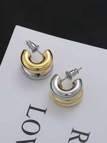 Women's Two-tone Plated 18k Gold Hoop Earrings, Low Sensitivity, Fashionable Two-tone C-shaped Classic Earrings For Women