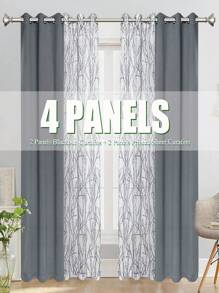 2 件树枝印花 + 2 件纯色遮光窗帘 4 件套，乡村花卉印花装饰窗帘，顶部有不锈钢环，方便安装 - 灰色 - 查看 7