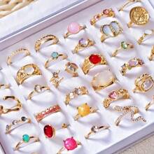 10枚/套 优雅时尚粉色水晶戒指，蝴蝶和心形，浪漫约会，情人节礼物，日常配饰