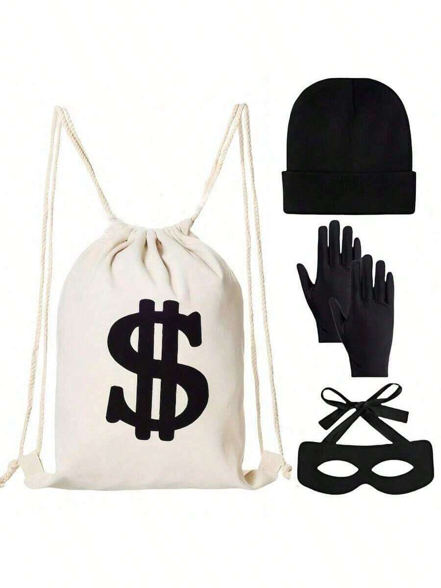 4pcs Thief Costume Set - Canvas Bag, Gloves, Eye Mask, Hat, Burglar Prisoner Cosplay Outfit, Unisex Fashion Basic Style For All Seasons - Multicolor - View 1