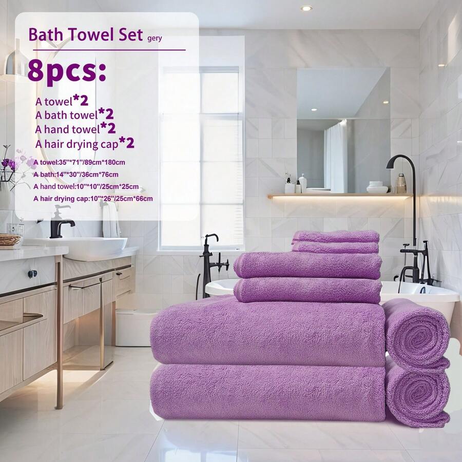 8 Piece Bath Towel Set - Soft And Lightweight - 2 Bath Towel, 2 Hand Towel, 2 Shower Cap And 2 Towel - Absorbent And Quick-Drying Microfiber Towel For Multipurpose Use In The Bathroom, Gym, Sports And Yoga.