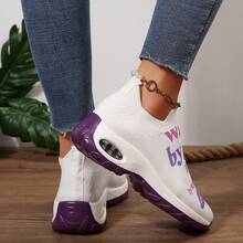 Ladies' Breathable Knitted Slip - On Sports Shoes With Stable Support - Soft EVA Sole, All - Season Casual Shoes. White With Black And Red Accents And "Walk By Faith" High - Heel Pattern Design. Ladies' Comfortable Shock - Absorbing Shoes - 紫色 - 查看 5
